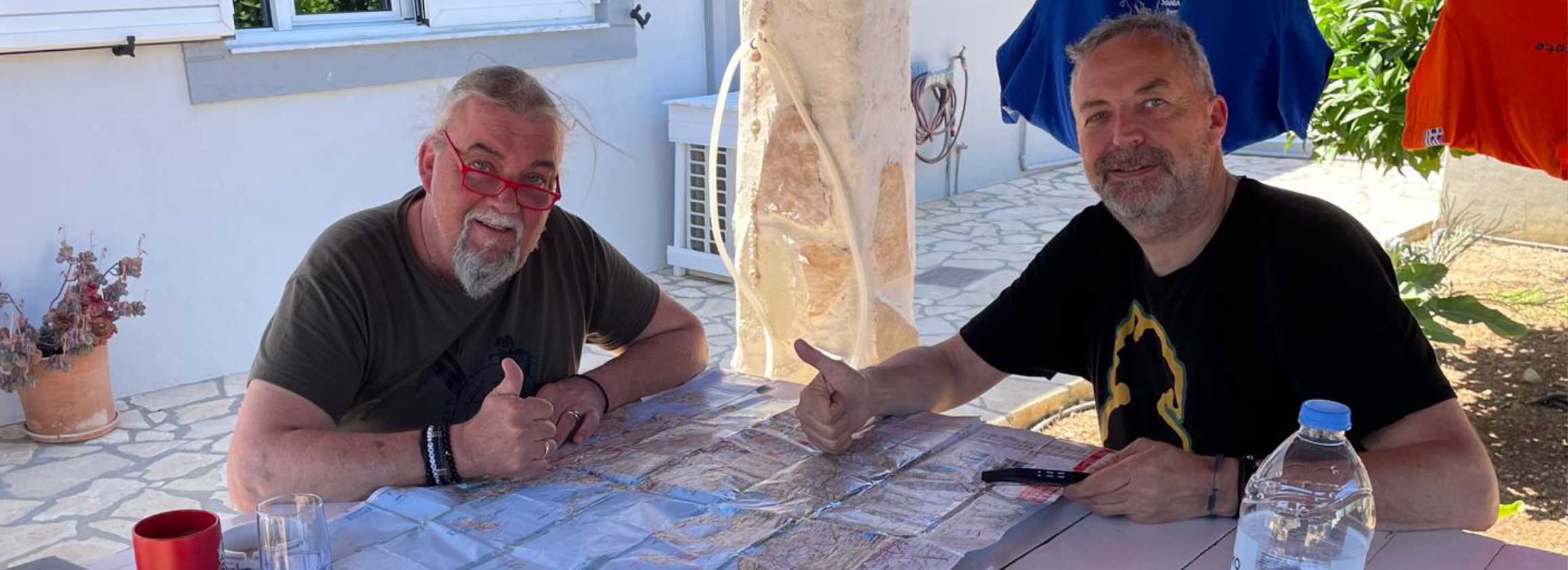 Hans-Peter Meffert and Crete-Mike at Crete, Greece, during the Rhein2Ganges Charity Motorcycle Tour